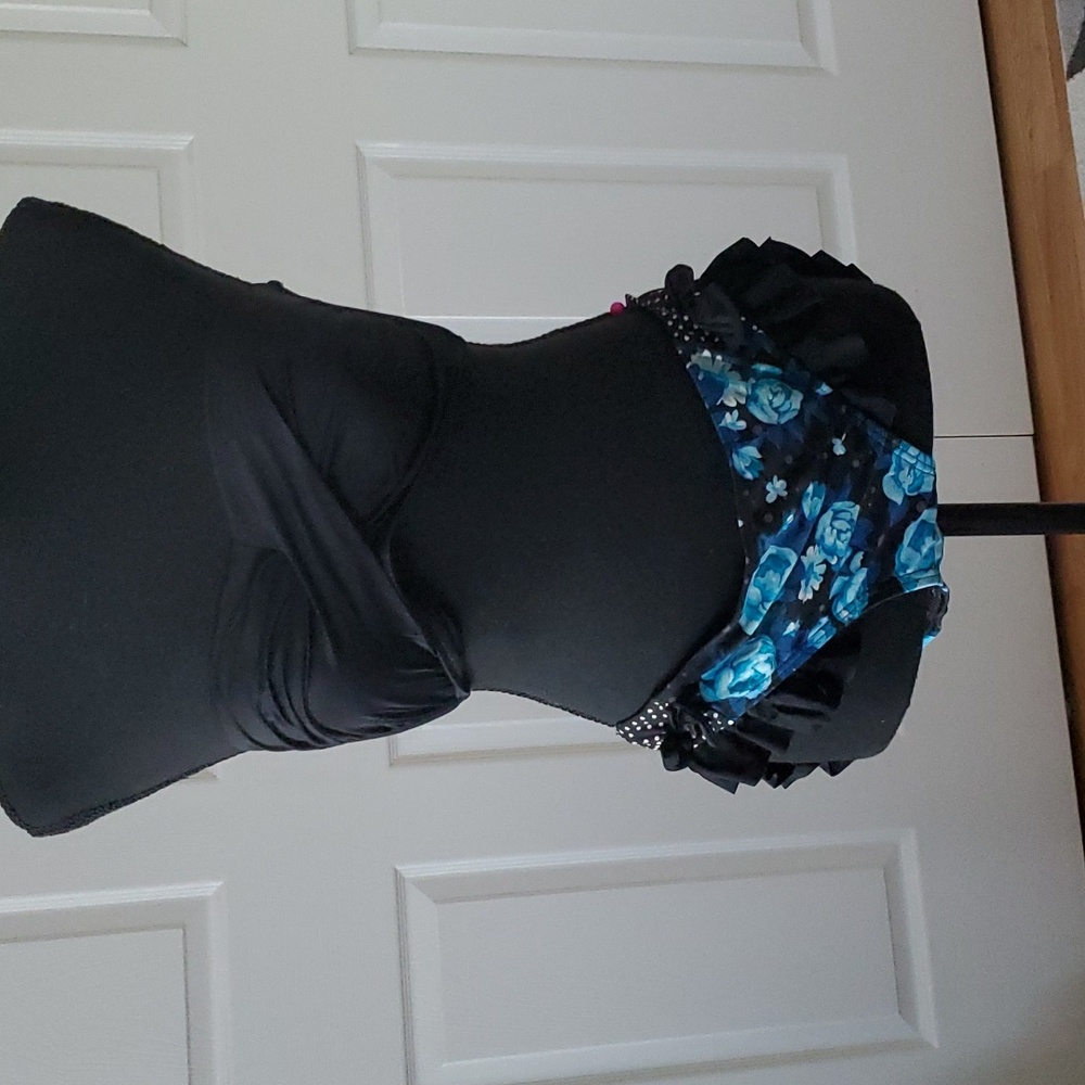 Sexy Black and White Polka Dot and Blue Rose Bikini Top Size L Bottoms Size XL